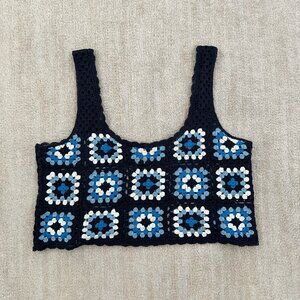 Sincerely Jules Cotton Boho Granny Square Crochet Crop Top XL Blue White